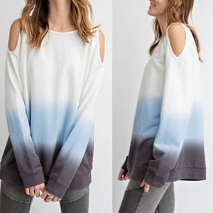 easel White to Blue Ombre Cold-Shoulder Crewneck Sweater
